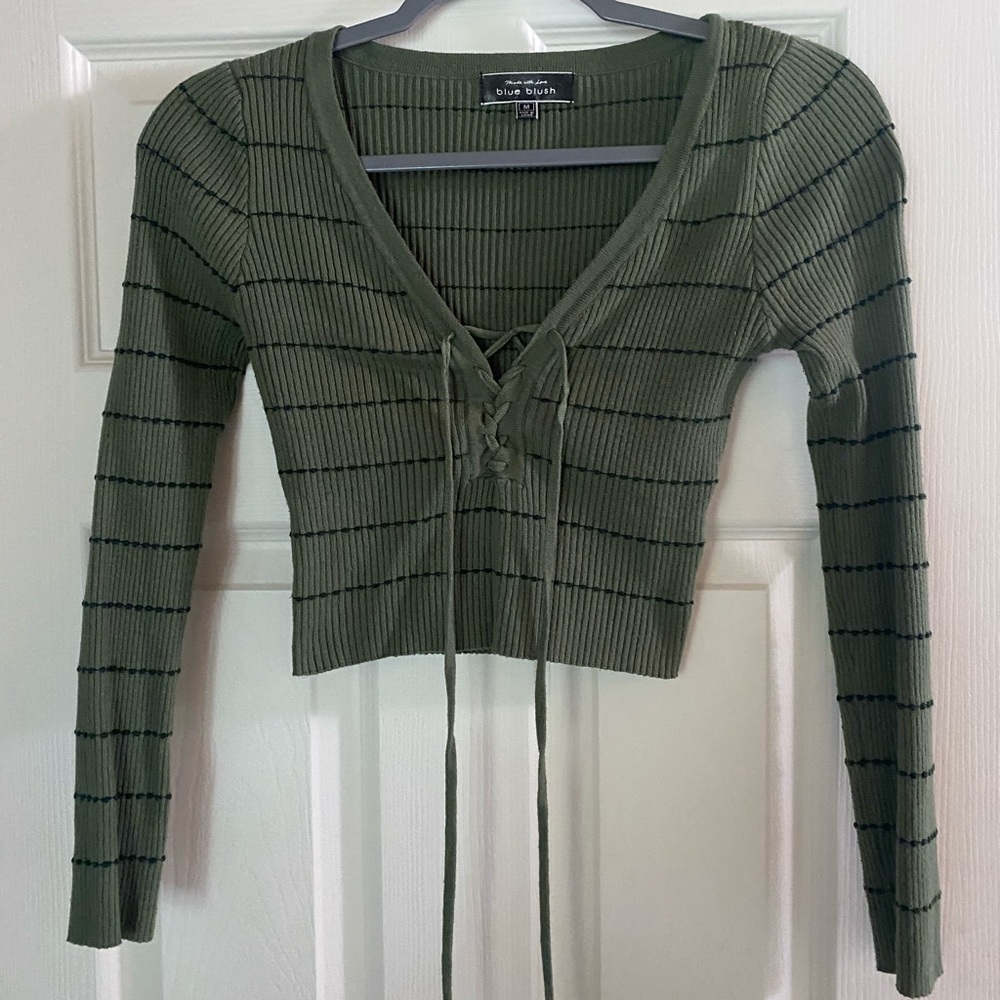 Olive Green Ribbed Lace-Up Sweater